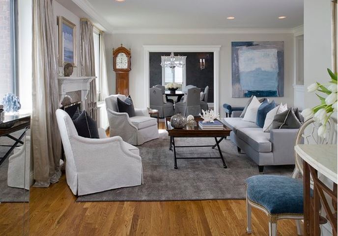 idée decoration salon gris blanc et bleu