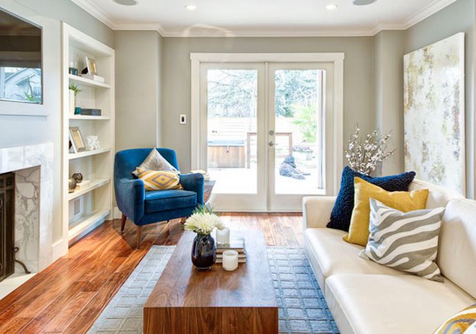 idée decoration salon gris blanc et bleu