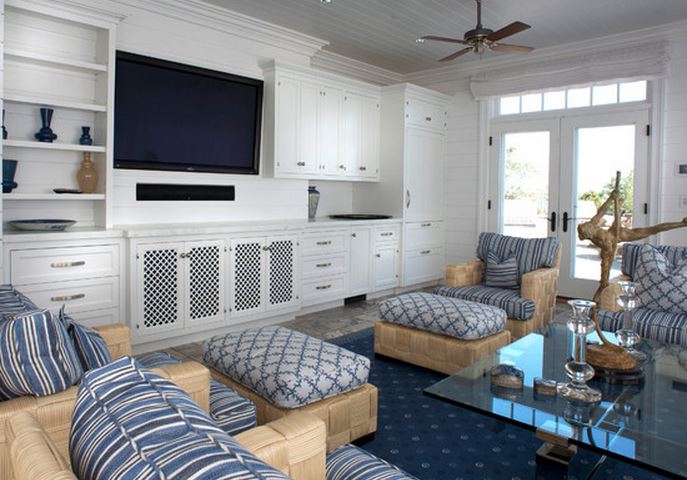 idée decoration salon gris blanc et bleu