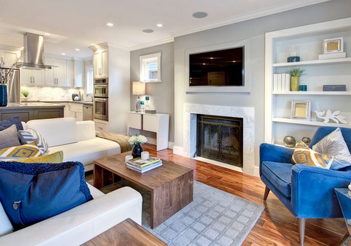 idée decoration salon gris blanc et bleu